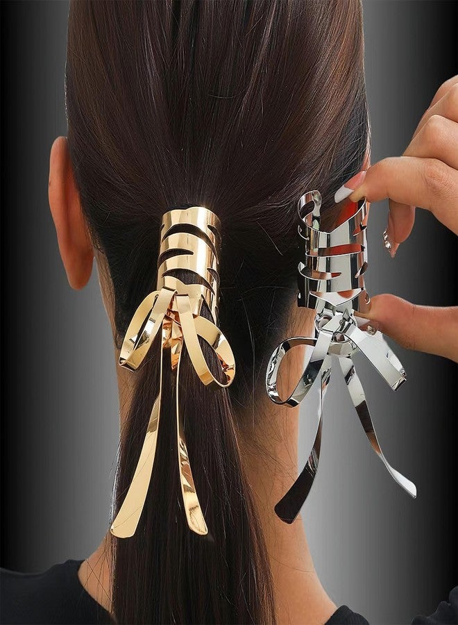 Ylapagne 2 PCS Bow Metal Hair Cuffs Fashionable Silver and Gold Metal Ponytail Cuffs Butterfly Bowknot Medium Irregular Hair Clips for Low Ponytail Holder - Image 3